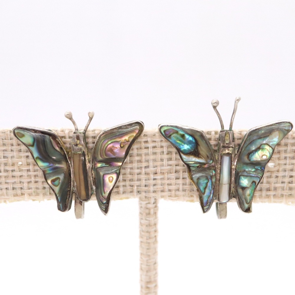 Vintage Butterfly Screw Back Earrings Alpaca Sterling Silver Abalone